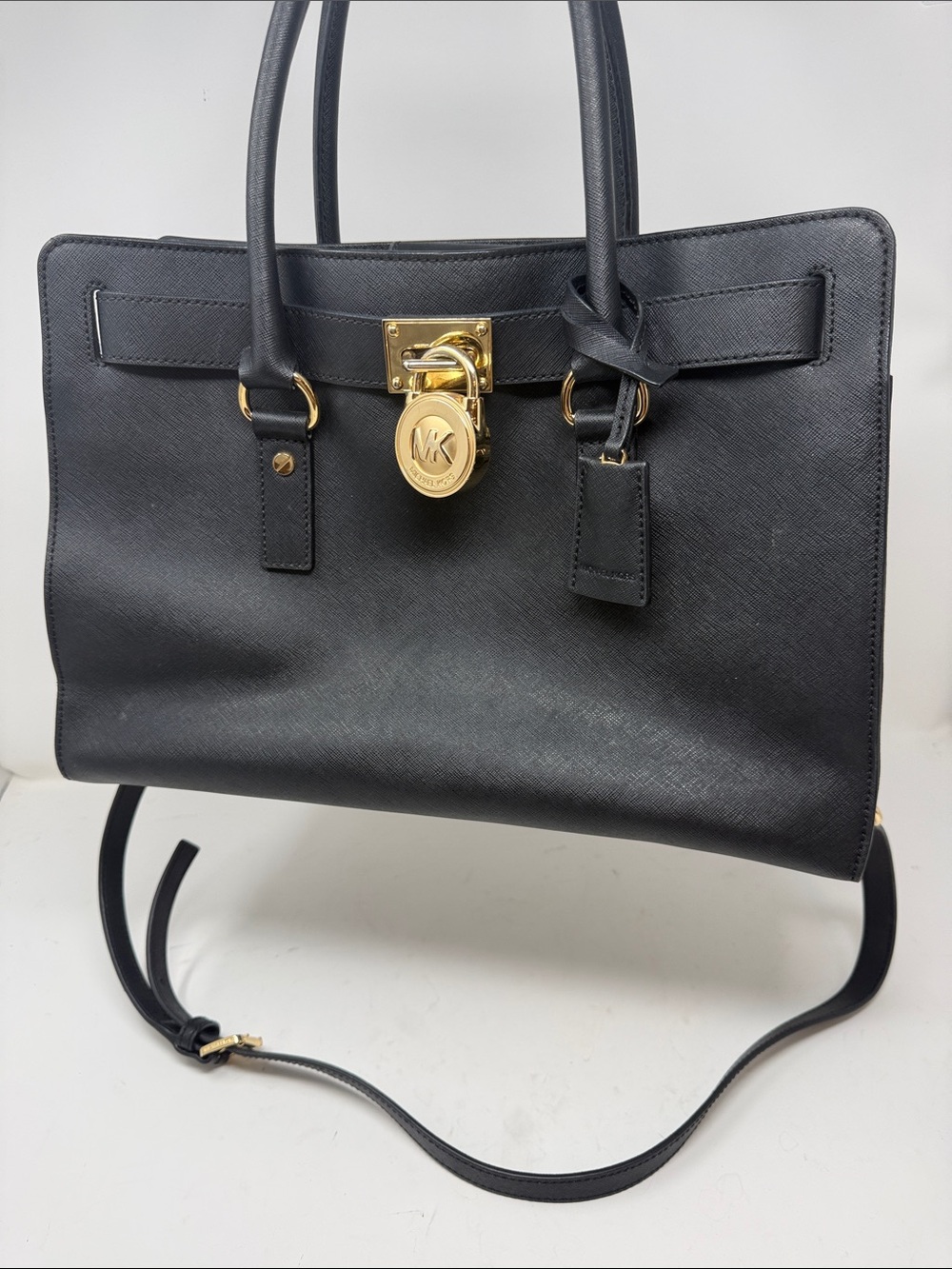 Michael Kors Hamilton Black Saffiano Leather Satchel Tote Gold Lock